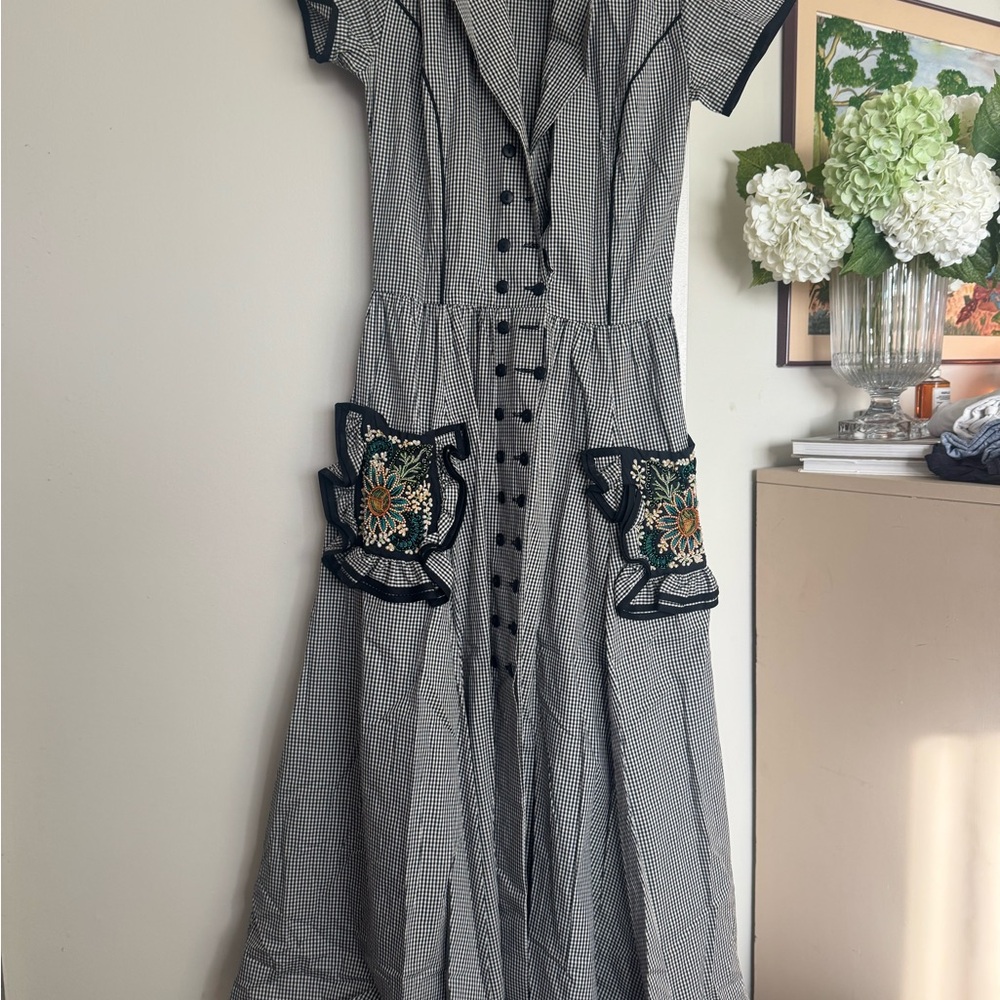 Vintage Black and White Checkered Dress with Beaded Pockets